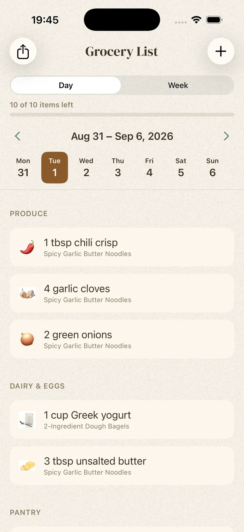 Platter's grocery list grouped by store section with ingredient icons and a progress bar