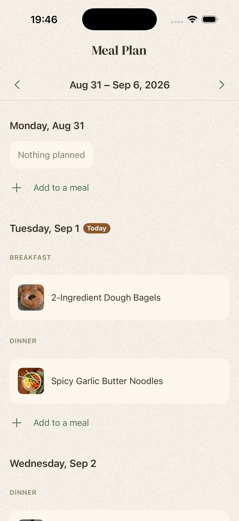 Platter's meal plan showing recipes assigned to breakfast and dinner across the week